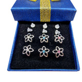 Plastic Clear Post Stud Flower Earrings - Hypoallergenic Round Crystal Earrings - 3 Pairs + Gift Box