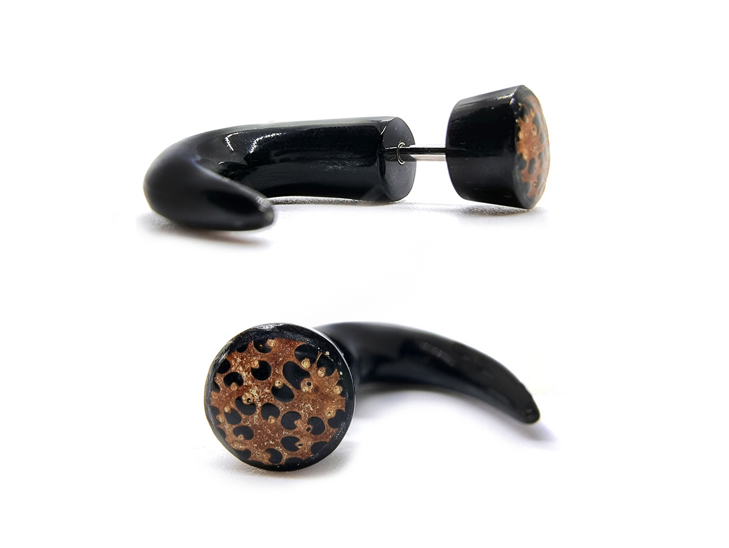 Titanium Fake Gauges Earrings, Faux Plugs, Claw Plugs - 16G Earrings Hand Carved Buffalo Horn - Leopard Design