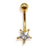 14K Solid Gold Belly Button Ring - Star Shape Crystal Belly Ring - Gold Belly Bar made of 14K Gold - Fine Jewelry Hand Set and Hand Polished