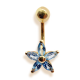 14K Gold Belly Bar - Solid Gold Belly Button Ring comes in a Star Shape Flower Crystal Belly Ring - Fine Jewelry Hand Set and Hand Polished