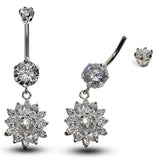 Silver Belly Button Ring, Belly Bars- Dangle drop Flower Belly Ring with High Quality Crystals - Navel Ring - 14g (1.6mm) Length is 10mm