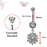 Silver Belly Button Ring, Belly Bars- Dangle drop Flower Belly Ring with High Quality Crystals - Navel Ring - 14g (1.6mm) Length is 10mm