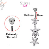 Silver Belly Button Piercing, Belly Bars - Triple dangle Flower Belly Ring with High Quality CZ Crystals Navel Ring 14g (1.6mm) Length 10mm