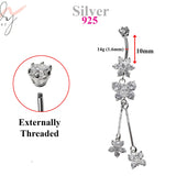 Silver Dangle Belly Button Ring, Belly Bars- Drop Butterfly and Flower Belly Ring with High Quality Crystals - Navel Ring - 14g (1.6mm)