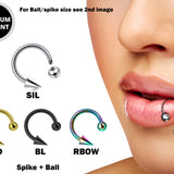 Titanium Horseshoe Lip Ring with Ball and Spike - 18g 16g 14g Lip Hugger Piercing, Canine Bites, Shark Bites, Spider Bites Lip Jewelry