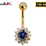 14K Gold Belly Button Ring with real Tanzanite and Amethyst - Hand Set and Hand Polished - Solid Gold - Fine Jewellery Quality