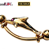 14K Gold Belly Bar- Solid Gold Dolphin Belly Button Ring - 14g Belly Ring Length is 16mm - Finest Quality Gold Body Piercing Jewelry