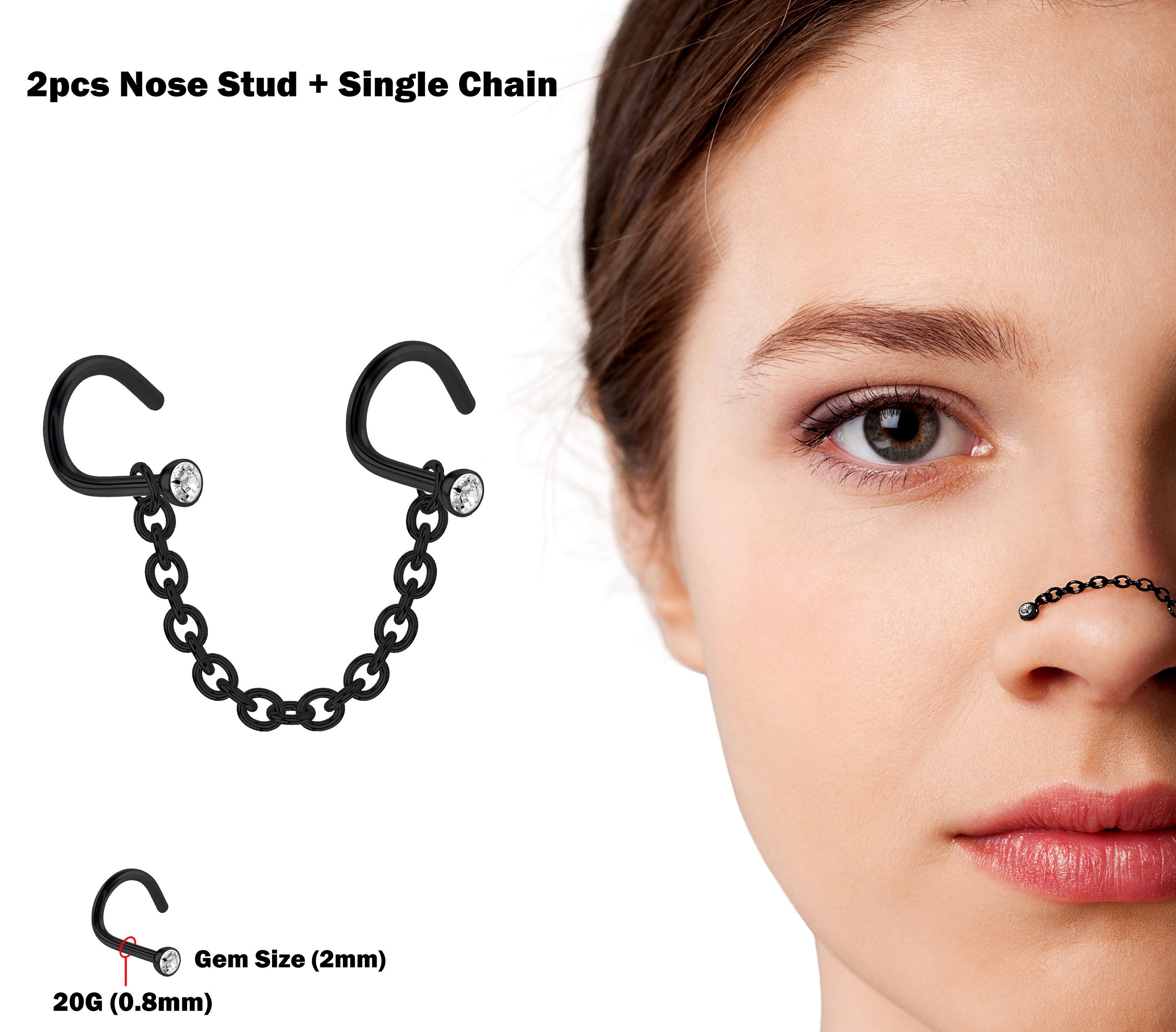 Nostril Screw Studs 2pcs Nostril Studs with Chain Piercing - Titanium 20G Nose Piercing with Gem CZ Crystals Black Nostril Jewelry