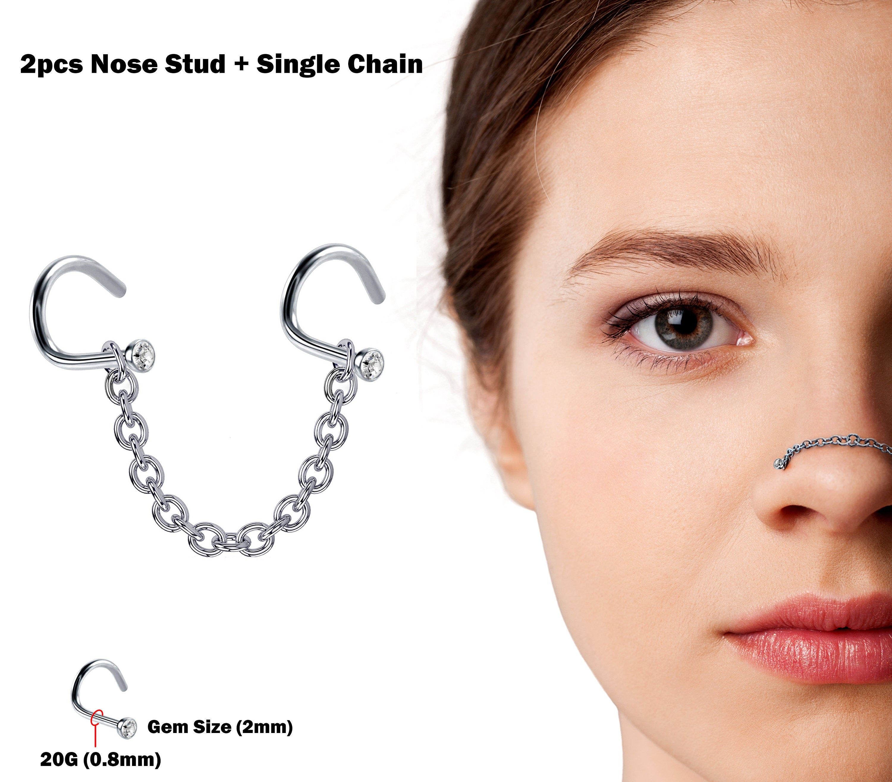 Nostril Screw Studs 2pcs Nostril Studs with Chain Piercing - Titanium 20G Nose Piercing with Gem CZ Crystals Black Nostril Jewelry
