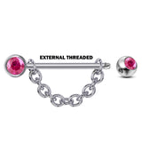 Nipple Barbell Front Gem CZ Crystal with Piercing Chain - Titanium Nipple Jewelry Studs 16g 14g Nipple Shield - Externally Threaded