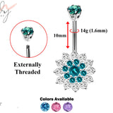 Designer Belly Button Rings- Silver - Sun Flower Design Belly Bars with CZ Crystals - Navel Ring - 14g (1.6mm) Length is 10mm