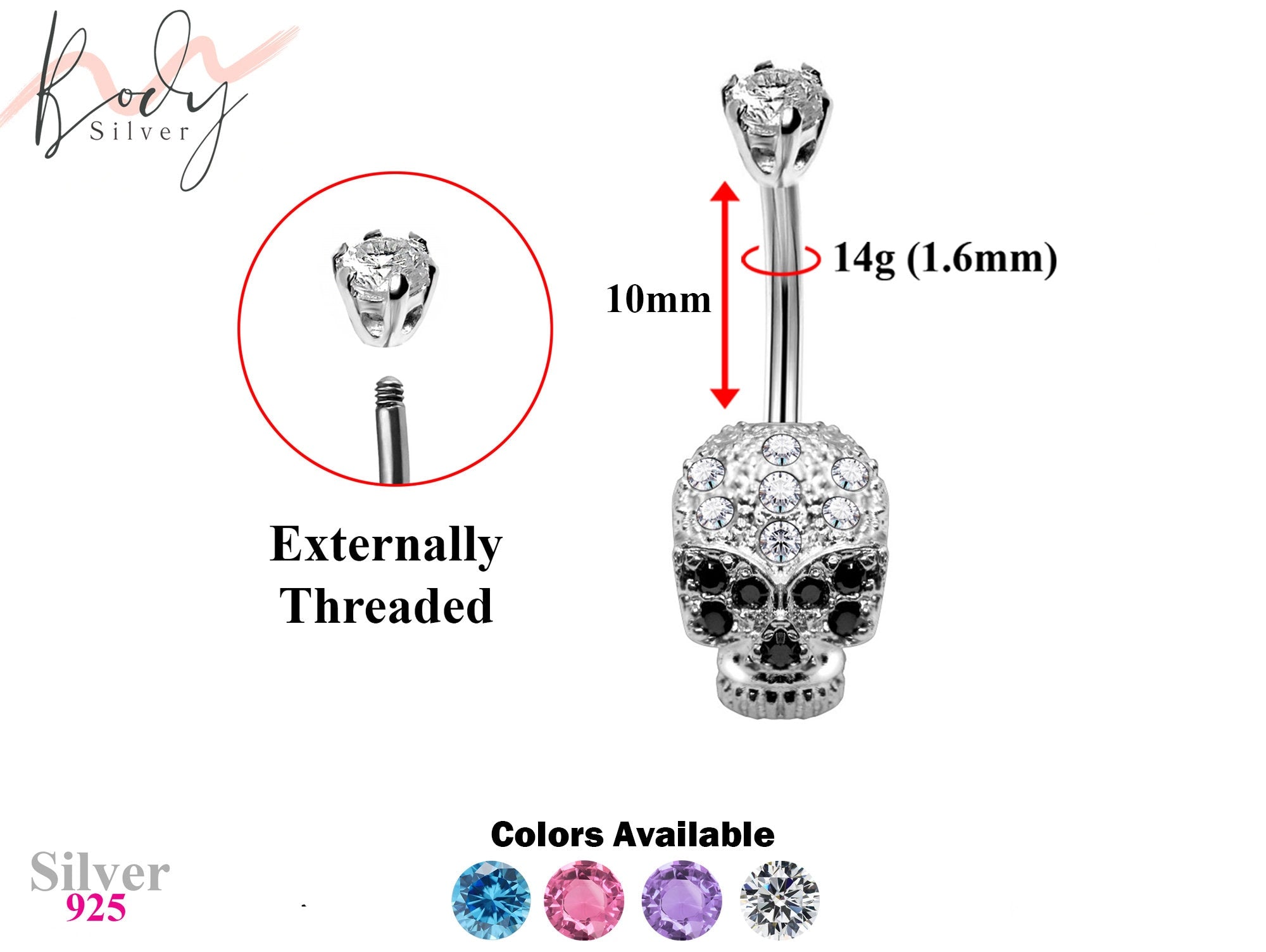 Designer Belly Bars - Silver - Skull Head Design Belly Ring with CZ Crystals - Belly Button Ring - 14g (1.6mm) Length is 10mm