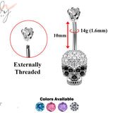Designer Belly Bars - Silver - Skull Head Design Belly Ring with CZ Crystals - Belly Button Ring - 14g (1.6mm) Length is 10mm