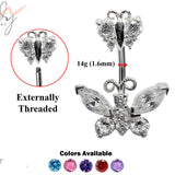 Silver Belly Button Rings, Navel Piercing Double Butterfly Belly Piercing with High Quality Crystals Navel Jewelry 14g(1.6mm)