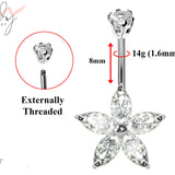 Designer Belly Rings - Silver - Hawaiian Flower Belly Bars with CZ Crystals - Belly Button Ring - 14g (1.6mm) Length is 8mm