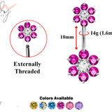 Belly Button Piercing Ring, Belly Bar - Silver Double Flower Belly Piercing with CZ Crystals - Navel Ring - 14g (1.6mm) Length is 10mm