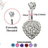 Designer Belly Ring - Silver Heart Belly Bars with studded CZ Crystals - Belly Button Ring - 14g (1.6mm) Length is 10mm