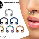 Horseshoe Ring Piercing Coloured with Gem Ball Crystals 18g 16g 14g Titanium Septum Jewelry Bull Piercing - Also for Nipple, PA Ring and Lip