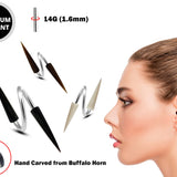 Spike Spiral Ear Piercing Stud Made with Buffalo Horn - Hand Carved - 14G Titanium and very Light Weight - Long Spike Piercing