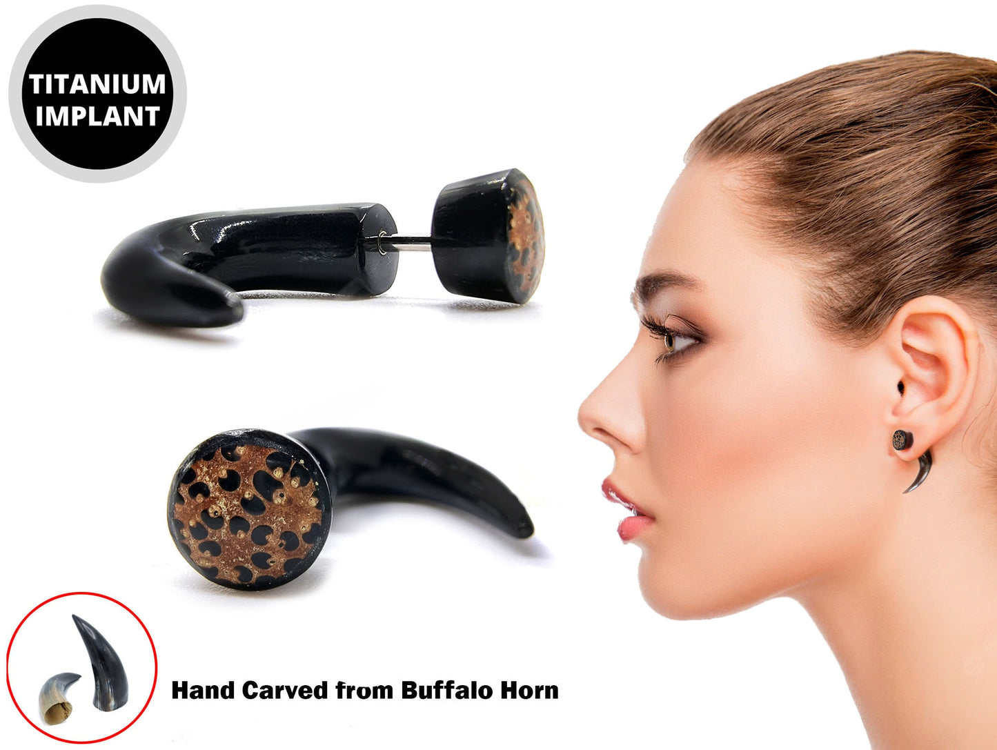 Titanium Fake Gauges Earrings, Faux Plugs, Claw Plugs - 16G Earrings Hand Carved Buffalo Horn - Leopard Design