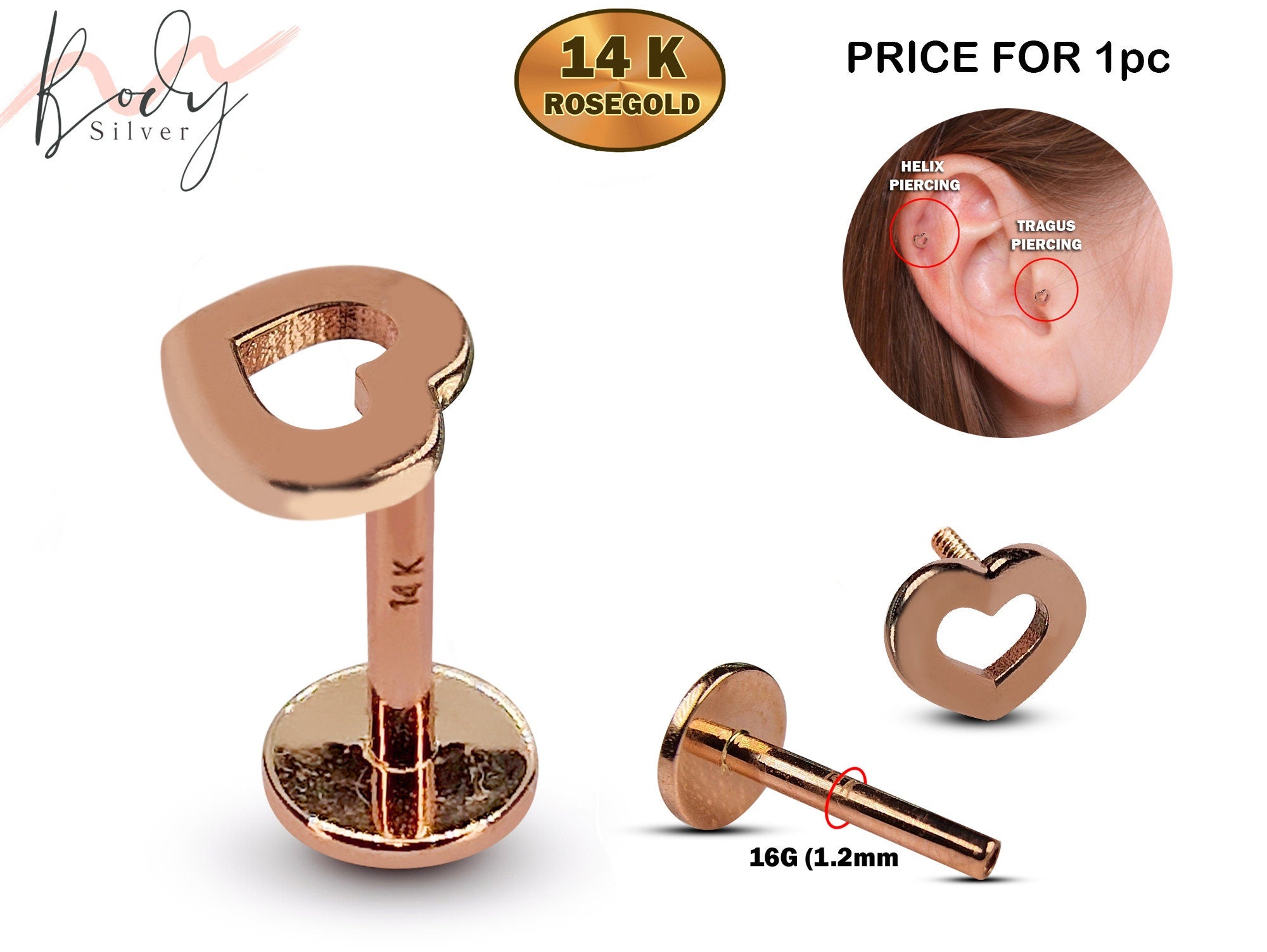 14K Rose Gold Heart Tragus Piercing, Ear Jewelry, Labret Studs - Internally Threading Body Jewellery Ear Piercing