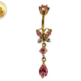 Gold Plated Butterfly Belly Ring, Silver Drop Dangle Belly Bars with CZ Crystals - 14G Length is 10mm