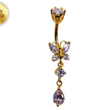 Gold Plated Butterfly Belly Ring, Silver Drop Dangle Belly Bars with CZ Crystals - 14G Length is 10mm