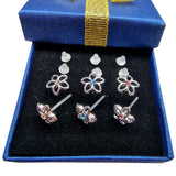 Plastic Clear Post Stud Flower Earrings - Hypoallergenic Round Crystal Earrings - 3 Pairs + Gift Box