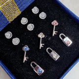 Hypoallergenic Plastic Post Earrings Padlock design Ear Studs with CZ Crystals - 3 Pairs + Gift Box