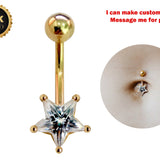 14K Solid Gold Belly Button Ring - Star Shape Crystal Belly Ring - Gold Belly Bar made of 14K Gold - Fine Jewelry Hand Set and Hand Polished