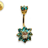 Flower Belly Ring, Navel Ring - Silver Gold Plated Belly Bar Crystal Body Jewellery - 14G - Length is 10mm