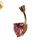 Heart Belly Bar Crystal , Silver Gold Plated Navel Ring with Side Designs - 14G Length is 10mm
