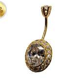 Oval Shape Silver Belly Button Ring, Crystal Belly Piercing Curved Barbell in Gold Plating - 14G Length is 10mm