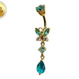 Gold Plated Butterfly Belly Ring, Silver Drop Dangle Belly Bars with CZ Crystals - 14G Length is 10mm