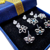 Plastic Clear Post Stud Flower Earrings - Hypoallergenic Round Crystal Earrings - 3 Pairs + Gift Box
