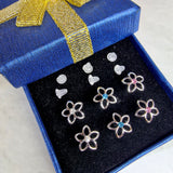 Plastic Clear Post Stud Flower Earrings - Hypoallergenic Round Crystal Earrings - 3 Pairs + Gift Box