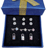 Hypoallergenic Plastic Post Earrings Padlock design Ear Studs with CZ Crystals - 3 Pairs + Gift Box