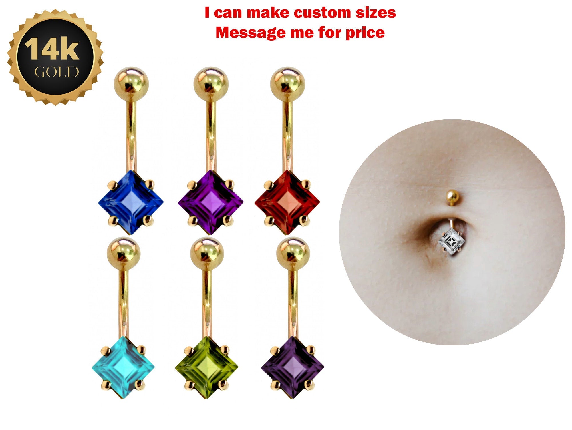 14K Solid Gold Belly Button Ring with Diamond Semi and Precious Stone- Hand Made 14K Gold Belly Bar for that very special Person