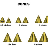 Gold Cone / Spike Nose Bridge Barbell Upper Nose Piercing with Steel Chain - 18G 16G 14G Straight Barbell - Choose Spike and Cone Size