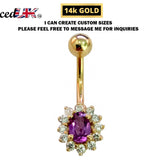 14K Gold Belly Button Ring with real Tanzanite and Amethyst - Hand Set and Hand Polished - Solid Gold - Fine Jewellery Quality