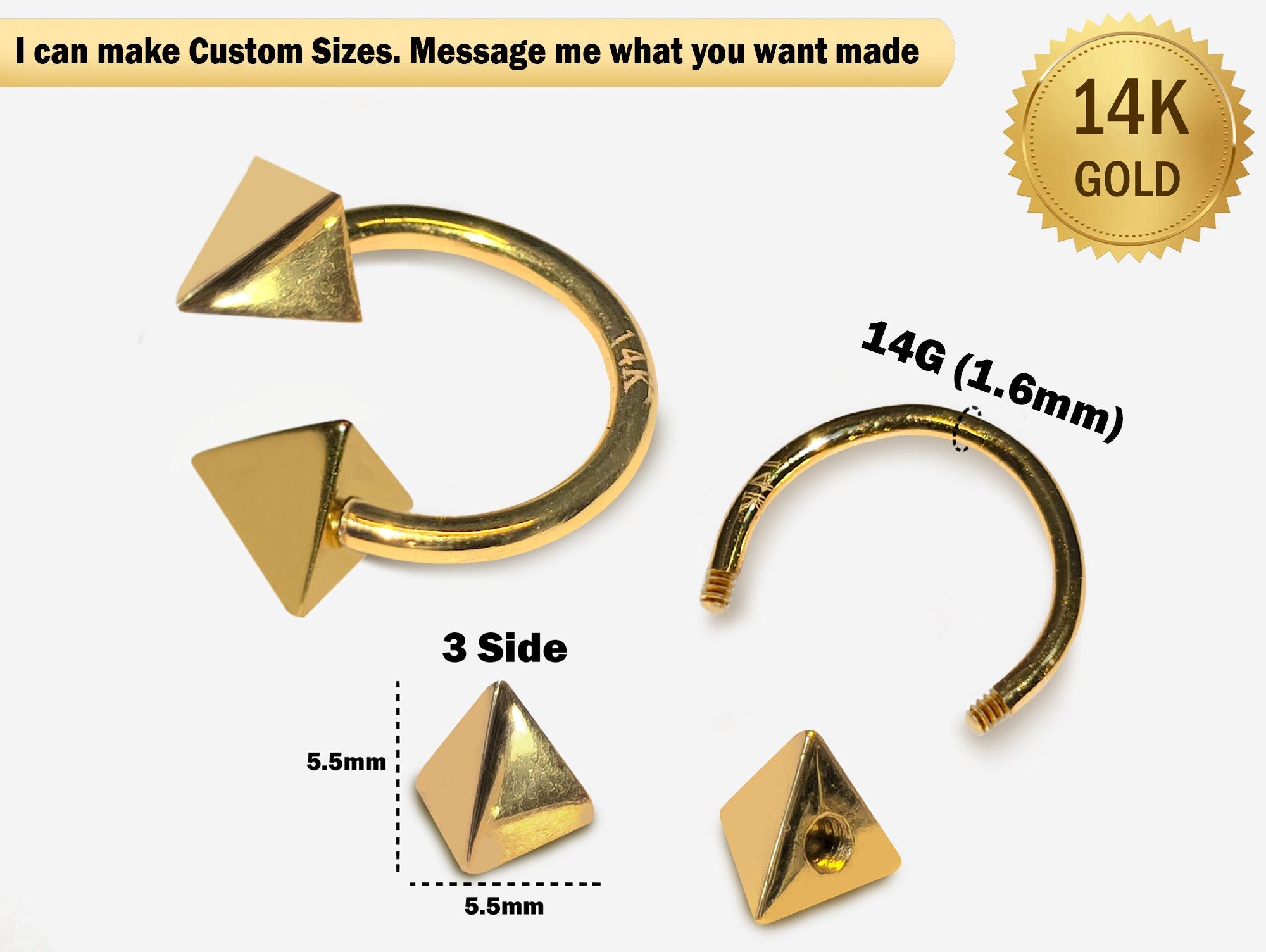 14K Gold 3 Side Pyramid Cone Septum Horseshoe Barbell, Septum ring, Lip Piercing - 14G Body Jewellery Gold Nose Ring