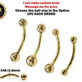 14K Solid Gold 14G Curved Barbell Piercing - Body Piercing for Eyebrow, Lip Studs, Rook Jewelry - Custom Ball Sizes Combination