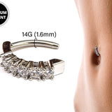 Titanium Clicker Belly Bar, Prong Set Belly Bar with CZ Crystal Sets - 14G Belly Bar Size 10mm