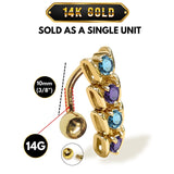 Solid 14K Gold Belly Button Ring - 14K Gold Inverted Belly Ring, Belly Bar, Navel Jewellery with Moving joints parts and Precious Stones