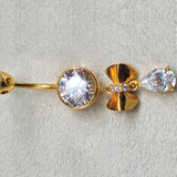 14K Gold Dangle Bow Belly Ring, 14G Crystal Belly Ring Length 10mm - Hand Made Body Jewellery Piercings