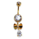 14K Gold Dangle Bow Belly Ring, 14G Crystal Belly Ring Length 10mm - Hand Made Body Jewellery Piercings