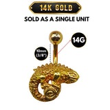 14KSolid Gold Belly Bar, Button Ring, Chameleon Lizard Belly Bar, Gold Belly Button Ring- Hand Made Body Jewellery Piercings