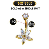 14K Solid Gold Flower Belly Bar, Button Ring, Top Crown with Gem Crystal Belly Button Rings, Navel Jewellery - Hand Made Body Jewellery