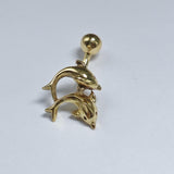14K Gold Belly Bar, Button Ring - Two Dolphin Belly Bar, Belly Button Piercing, Navel Ring- 14G 10MM Hand Made Gold Body Jewellery