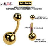 14K Solid Gold Belly Button Ring with Fixed Bottom Hollow Ball Lightweight 14G Navel Piercing size 8mm to 12mm